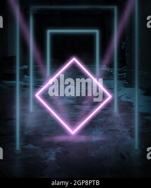 blue glowing neon frames and pink square on the street, night Stock Photo