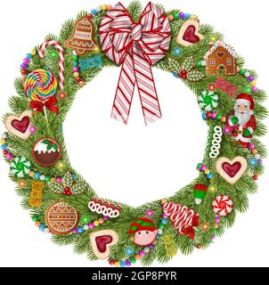 Christmas wreath with candies and cookies Stock Vector