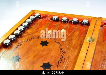 Backgammon. Board game with dice. Backgammon handmade Stock Photo