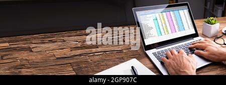 Analyst Using Spreadsheet Reports And Budget Software On Laptop Computer Stock Photo