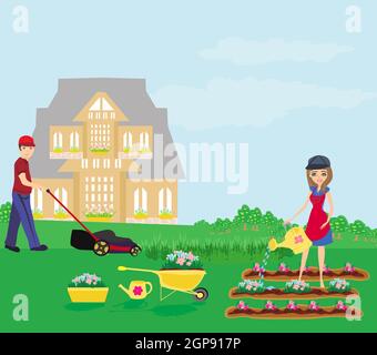 spring planting flowers and garden work Stock Photo