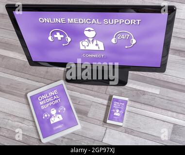 Online medical support concept shown on different information technology devices Stock Photo