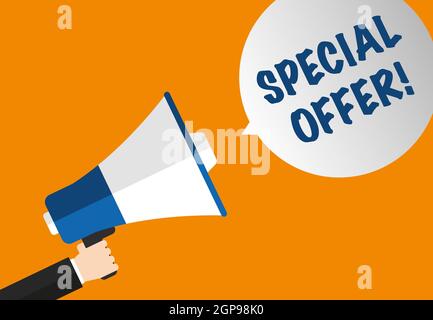 Male hand holding megaphone - special offer in speech bubble - concept advertising sale. Vector illustration Stock Photo