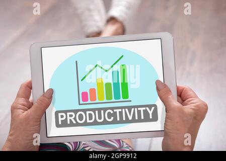 Productivity concept shown on a tablet held by a woman Stock Photo