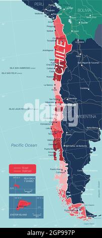 Chile country detailed editable map with regions cities and towns, roads and railways, geographic sites. Vector EPS-10 file Stock Photo
