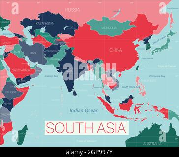 South Asia region detailed editable map with countries cities and towns. Vector EPS-10 file Stock Photo