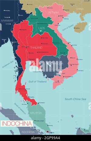 Indochina detailed editable map with countries cities and towns. Vector EPS-10 file Stock Photo