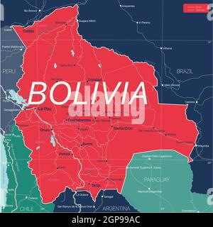 Bolivia country detailed editable map with regions cities and towns, roads and railways, geographic sites. Vector EPS-10 file Stock Photo