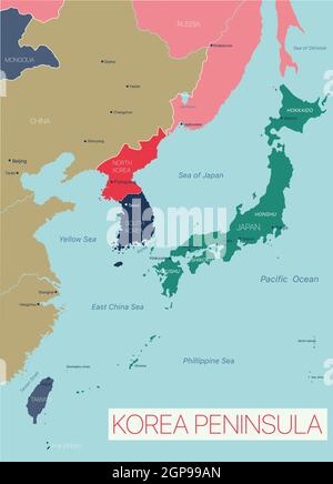 Korea peninsula detailed editable map with countries capitals and cities. Vector EPS-10 file Stock Photo