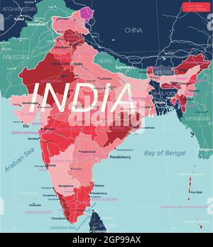 India country detailed editable map with regions cities and towns, roads and railways, geographic sites. Vector EPS-10 file Stock Photo