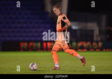 OLDHAM, UK. SEPT 28TH Kristoffer Klaesson (Goalkeeper) of Leeds United during the EFL Trophy match between Oldham Athletic and Leeds United at Boundary Park, Oldham on Tuesday 28th September 2021. (Credit: Eddie Garvey | MI News) Credit: MI News & Sport /Alamy Live News Stock Photo