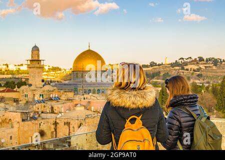 Women at viewpoint, temple mount and wailing walls, jersualem city, Stock Photo