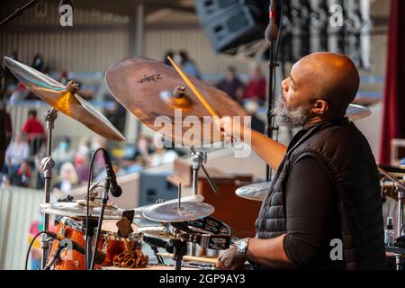 Eric Harland plays drums for Gerald Clayton  at the 2021 Monterey Jazz Festival Stock Photo