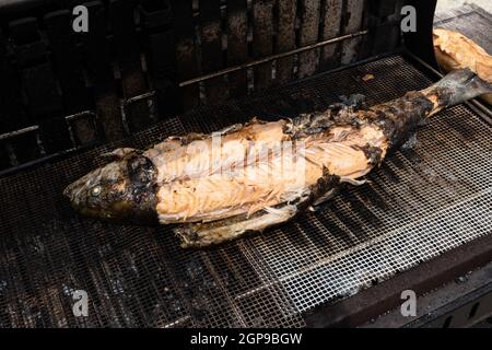 salmon stuffed with herbs grilling on the barbecue Stock Photo