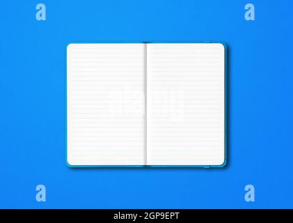 Cyan open lined notebook mockup isolated on blue background Stock Photo