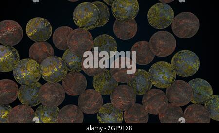 Many falling rusty spheres, computer generated. 3d render of abstract old backdrop Stock Photo