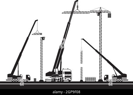 Setting up a crane on construction site – vector illustration Stock Vector