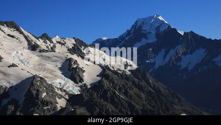 View from a place near Mueller Hut. Glacier and Mount Cook. Stock Photo