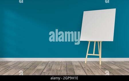 Wooden easel with a blank canvas in a turquoise room with space for text on the wall, 3d rendering Stock Photo