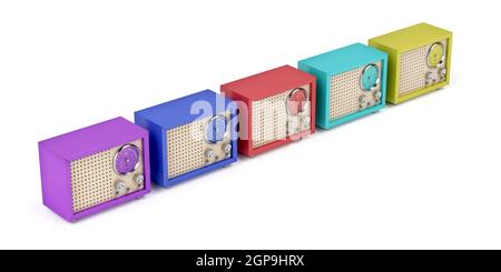 Row with multicolor radios with retro design on white background Stock Photo