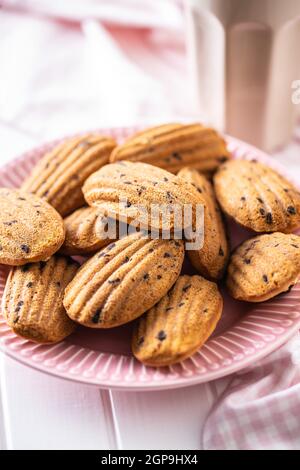 Madeleine with chocolate. Traditional French small cakes on plate. Stock Photo