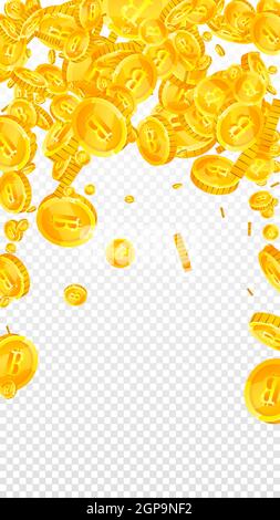 Bitcoin, internet currency coins falling. Nice scattered BTC coins. Cryptocurrency, digital money. Cute jackpot, wealth or success concept. Vector illustration. Stock Vector