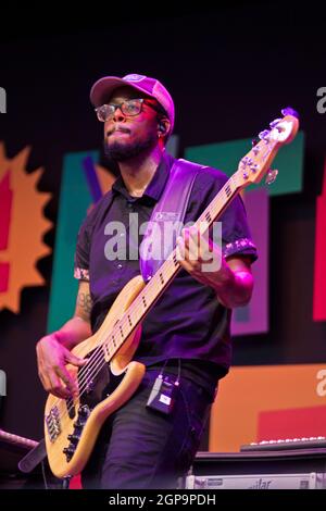 David Parks plays bass for Ledisi at the 2021 Monterey Jazz Festival Stock Photo