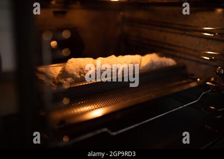 Fresh crispy homemade baguette in the oven with golden bokeh. Stock Photo