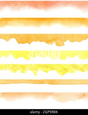 Watercolor stripes seamless pattern, design elements. Orange and yellow hand drawn lines isolated over white background Stock Photo