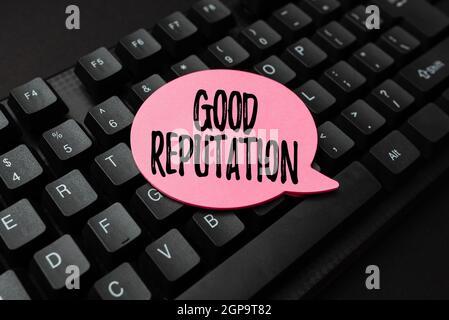 Inspiration showing sign Good Reputation. Business idea customer lays his or her trust and loyalty in the brand Paper note on keyboard for notes on Stock Photo