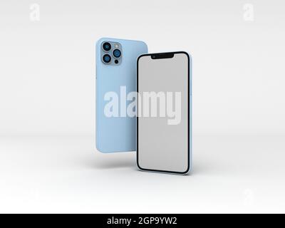 Latest iphone 13 smartphone 2021 in white background for mockup in 3D rendered illustration. Apple phone 2021. Stock Photo