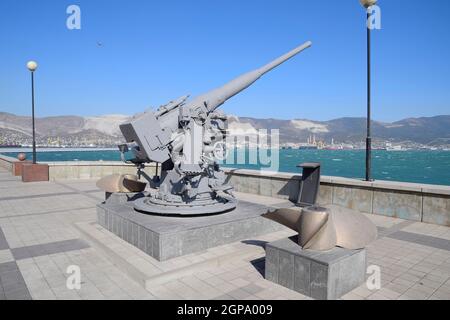 Artillery battle cannon, raised from the bottom of the Black Sea. Weapons of defense in the Second World War. The restored exhibit. Stock Photo