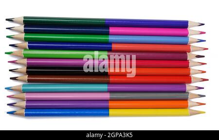sharpened colored wooden pencils on an white background, top view Stock Photo