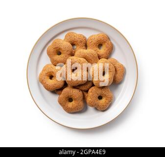 Japanese baked goods placed on a white background. Sobaboro. View from above Stock Photo