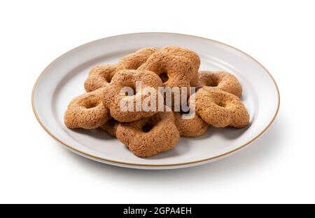 Japanese baked goods placed on a white background. Sobaboro . Close-up photo Stock Photo
