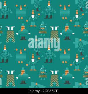 Merry Christmas cartoon seamless pattern illustration. Funny winter people or children team in retro scandinavian style. Festive xmas season character Stock Vector