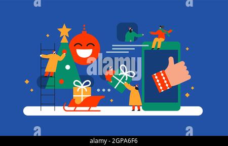 Online christmas illustration. Diverse people group using mobile phone app, doing xmas shopping and giving gift on isolated background. Winter holiday Stock Vector