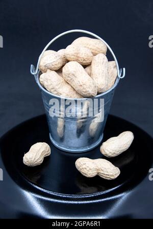 Red peanut seeds in miniature bucket on black background. Stock Photo