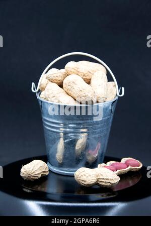 Red peanut seeds in miniature bucket on black background. Stock Photo