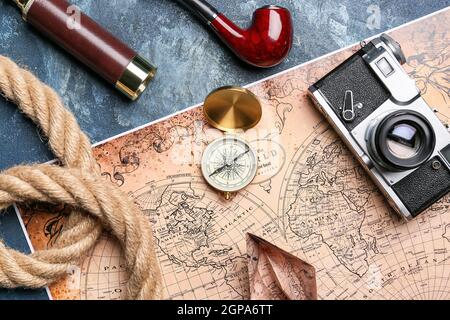 Composition with travel items on color background Stock Photo