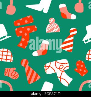 Christmas season clothes seamless pattern illustration. Festive winter clothing cartoon background in hand drawn doodle style for december holiday or Stock Vector