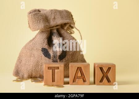 Word TAX with money bag on color background Stock Photo