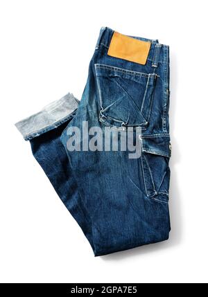 Blue jeans on a white background. View from above Stock Photo