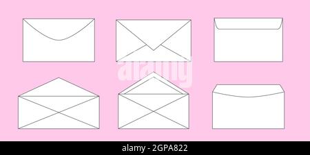 Envelope line outline contour with mail and post card set with post stamps, sealing wax. Letter opening and closing designs collection for website with element isolated on pink background. Vector Stock Vector