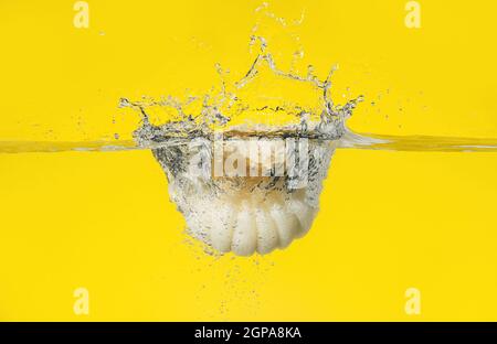 Shower sponge in water on color background Stock Photo