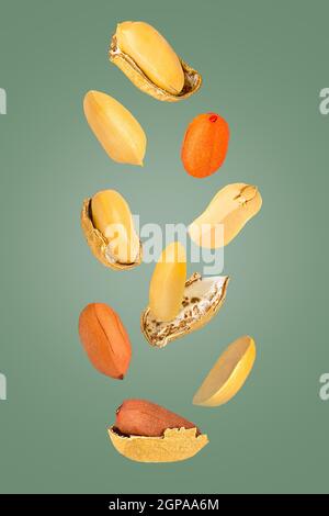 Isolated nuts. Nine mix peanuts with and witout shell in the air isolate on green with clipping path as package design element. Full depth of field. F Stock Photo