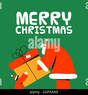 Merry Christmas greeting card illustration, funny santa claus character giving big gift box to kid. Traditional xmas holiday present scene in modern f Stock Vector