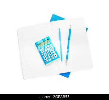 Opened notebook, calculator, pen and pencil on white background Stock Photo