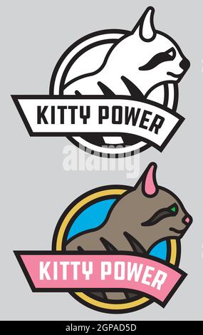 Kitty Power cat or kitten vector badge or logo. Cute vector illustration of stylized, bold outline cat with banner proclaiming Kitty Power. Stock Vector