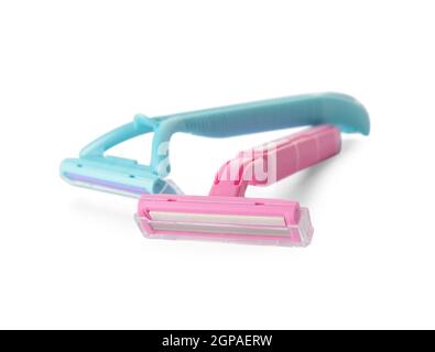 Two razors for hair removal on white background Stock Photo